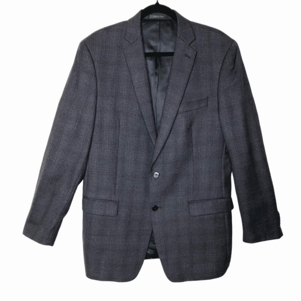Calvin Klein Men's Plaid 42L Gray Plaid 100% Wool Blazer Two‎ Button Suit Jacket